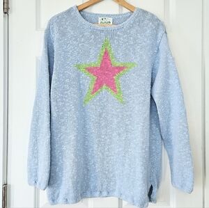 The Quacker Factory Cotton Blend Knit Chunky Star Sweater Light Blue L
